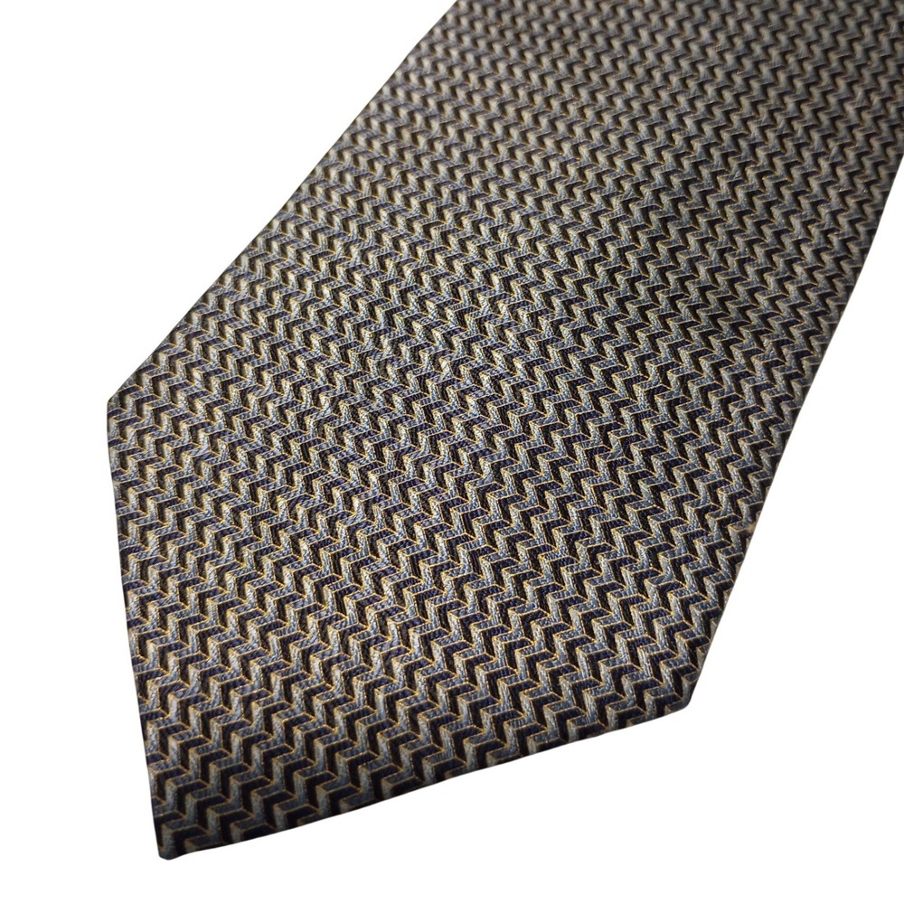 Domani Mens Silk Necktie Grey Gold Navy Blue Chevron Geometric Pattern Korea
